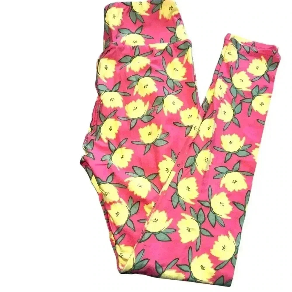 Lularoe one size pink& yellow floral leggings. OG designer Patrick fit & quality